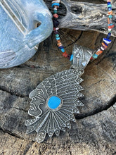 Load image into Gallery viewer, Navajo Sterling Silver &amp; Kingman Turquoise Indian Chief Sand Cast Pendant Sign