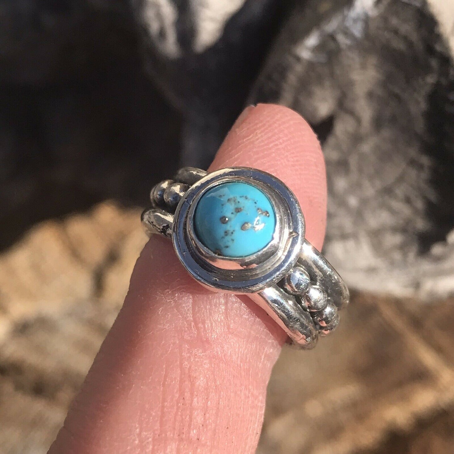 Navajo Kingman Turquoise & Sterling Silver Dotted Band Ring