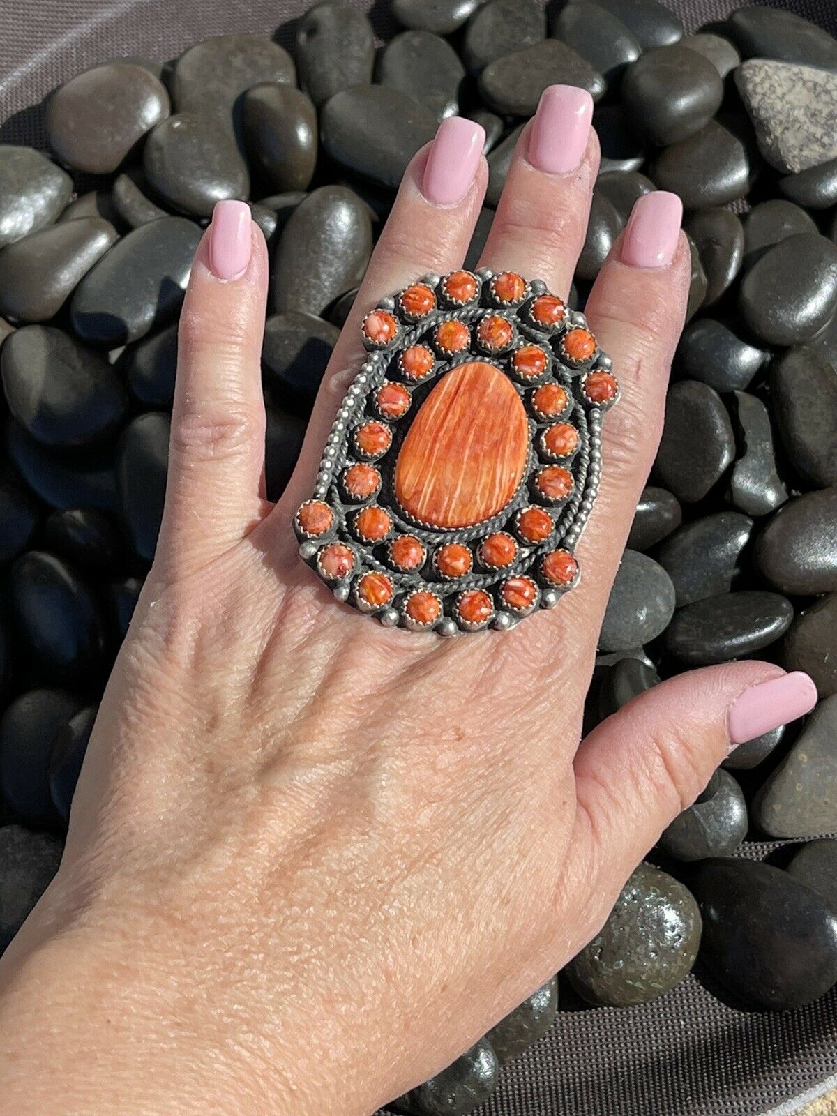 Navajo Sterling Silver Orange Spiny Cluster Jumbo Ring Sz 7.5