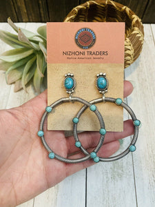 Navajo Turquoise & Sterling Silver Dangle Hoop Earrings