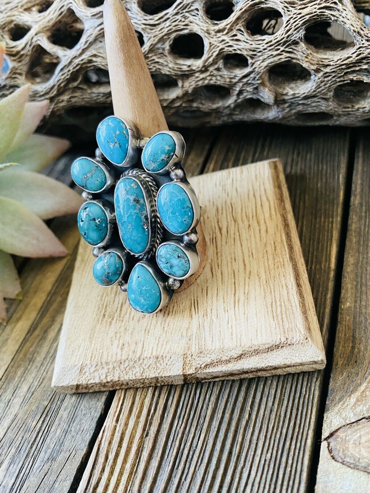 Navajo Royston Turquoise & Sterling Silver Adjustable Ring Signed