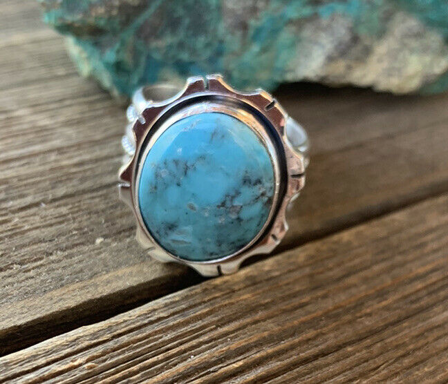 Navajo Kingman Turquoise & Sterling Silver Statement Ring size 6.75