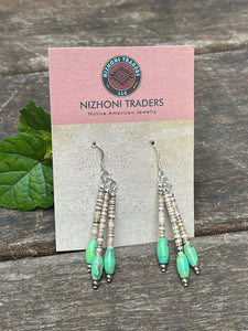 Navajo Sterling Green Kingman Turquoise 3 Strand Heishi Beaded Earrings