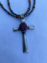 Load image into Gallery viewer, Navajo Sterling Silver &amp; Purple Spiny Shell  Cross Pendant Chimney Butte