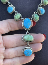 Load image into Gallery viewer, Navajo Sonoran Gold Turquoise &amp; Golden Hills Turquoise Silver Lariat Earring Set