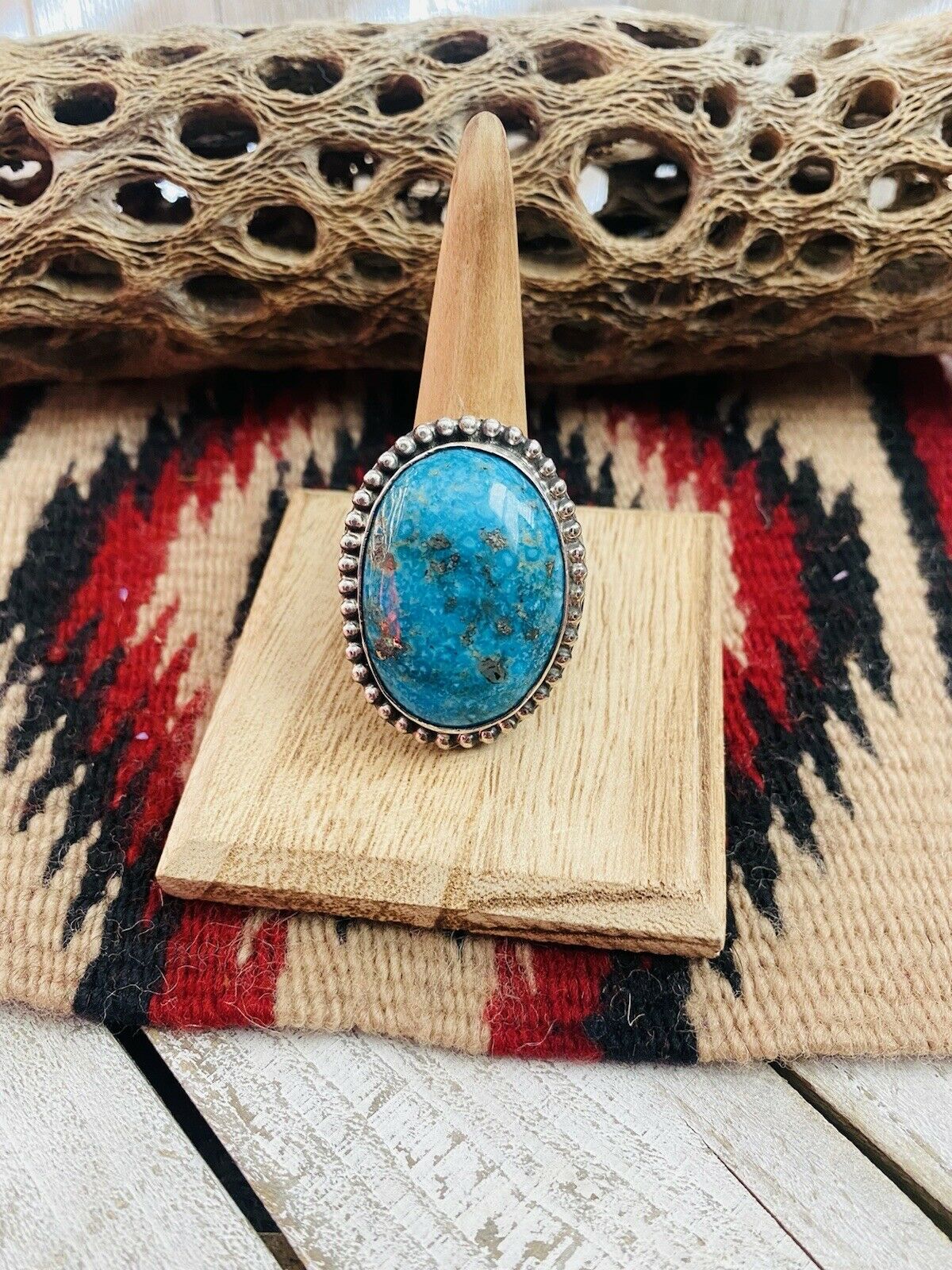 Navajo Kingman Turquoise & Sterling Silver Statement Ring Size 9 Signed