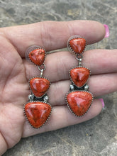 Load image into Gallery viewer, Beautiful Navajo Sterling Silver Apple Coral Triple Triangle Dangle Earrings
