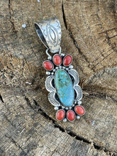 Load image into Gallery viewer, Navajo Sterling Kingman Web Turquoise &amp; Red Coral Pendant Taos Collection