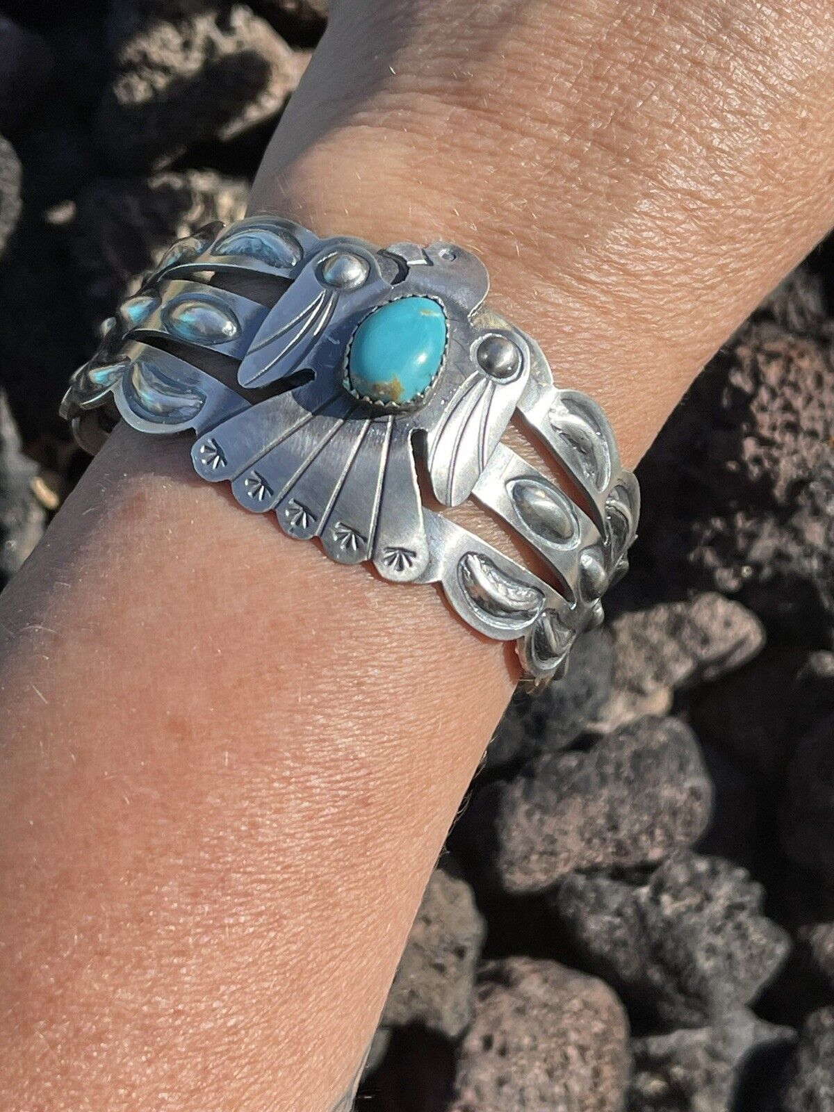 Sterling Silver Navajo Stamped Turquoise Thunderbird Cuff