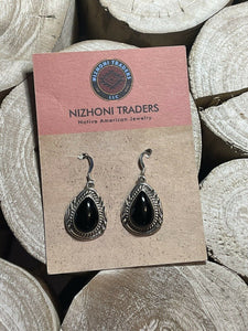 Beautiful Navajo Sterling Silver Black Onyx Teardrop Rope Dangle Earrings