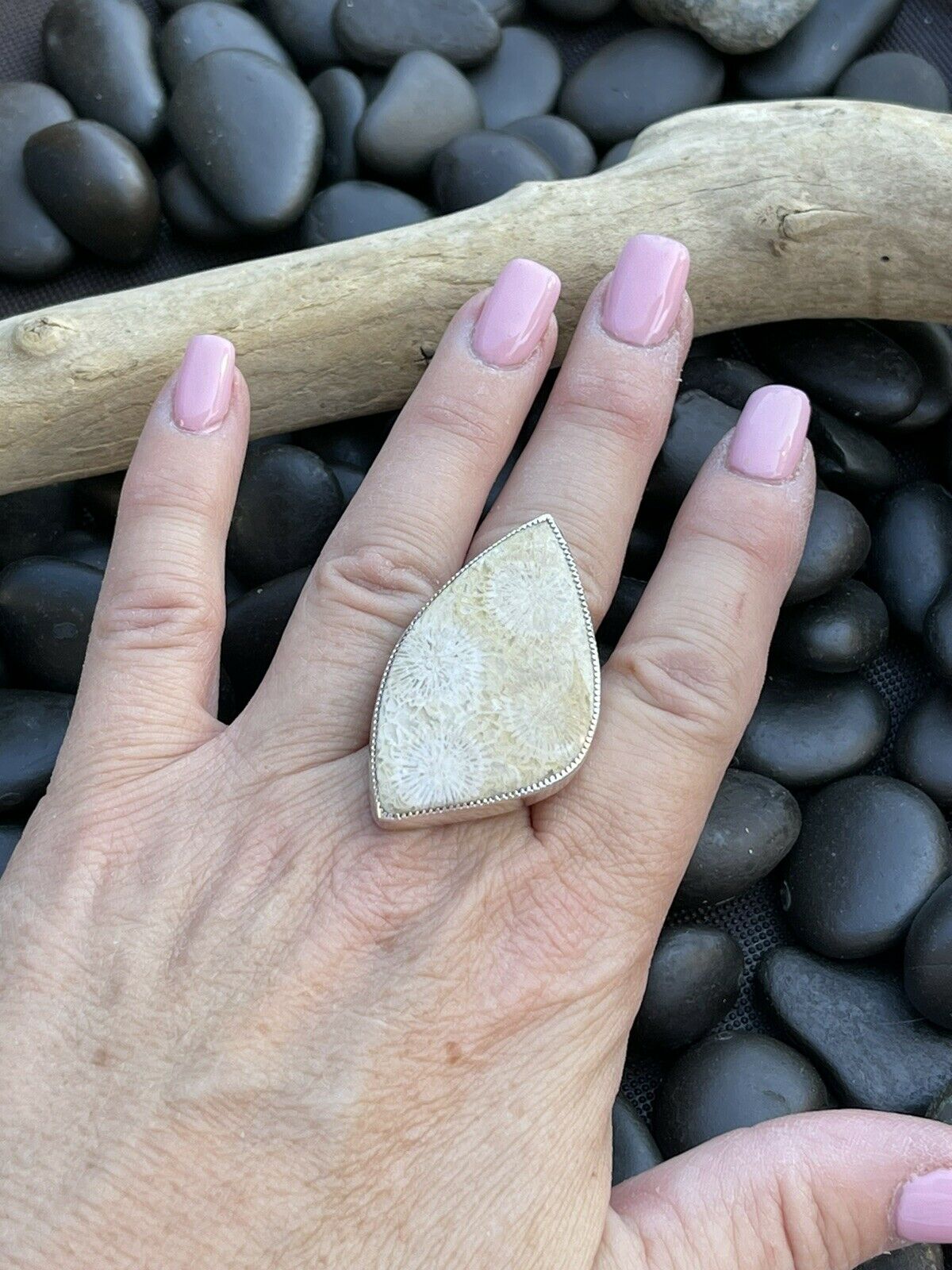 Navajo Fossilized Coral & Sterling Silver Adjustable Ring Signed