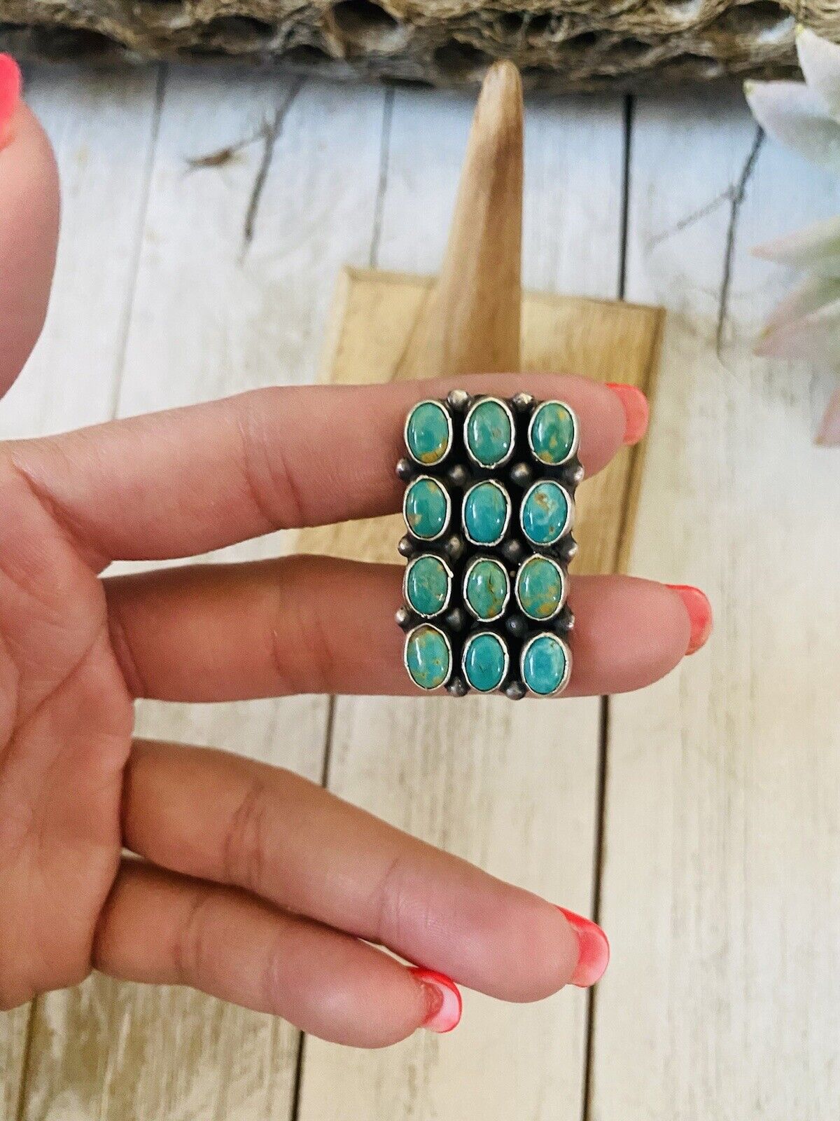 Navajo Turquoise & Sterling Silver Cluster Ring Size 5.5 Signed