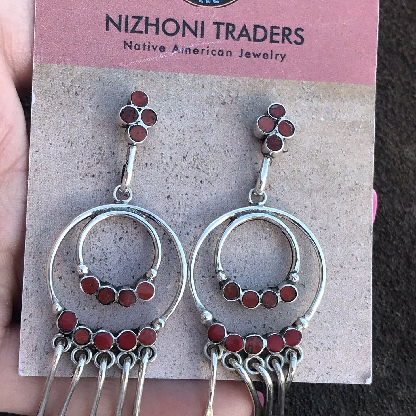 Vintage Navajo Sterling Silver Natural Red Coral Dangle Earrings