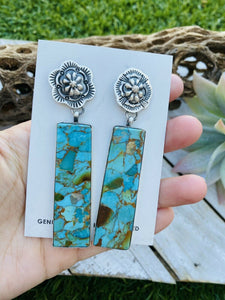 Navajo Sterling Silver & Turquoise Slab Concho Dangle Earrings