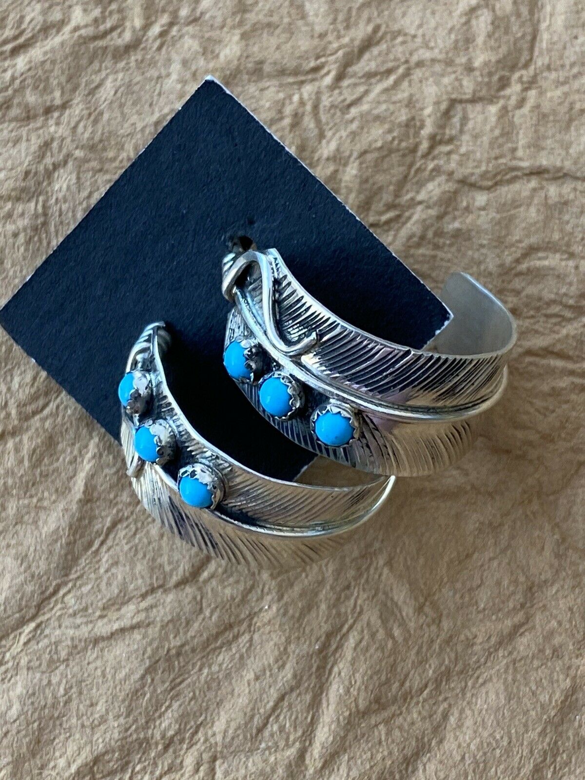 Navajo Sterling Silver & Turquoise Feather Hoop Earrings