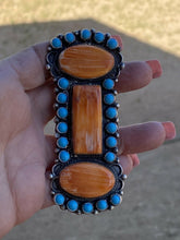 Load image into Gallery viewer, Devon Brown Navajo Sterling Silver, Turquoise &amp; Orange Spiny Oyster Ring Sz 8.5