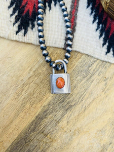 Navajo Orange Spiny & Sterling Silver Locket Pendant Signed