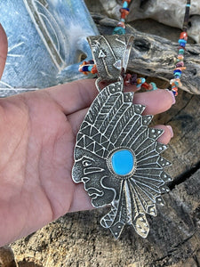 Navajo Sterling Silver & Kingman Turquoise Indian Chief Sand Cast Pendant Sign
