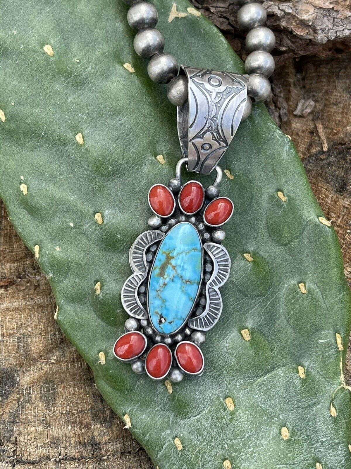 Navajo Sterling Kingman Web Turquoise & Red Coral Pendant Taos Collection