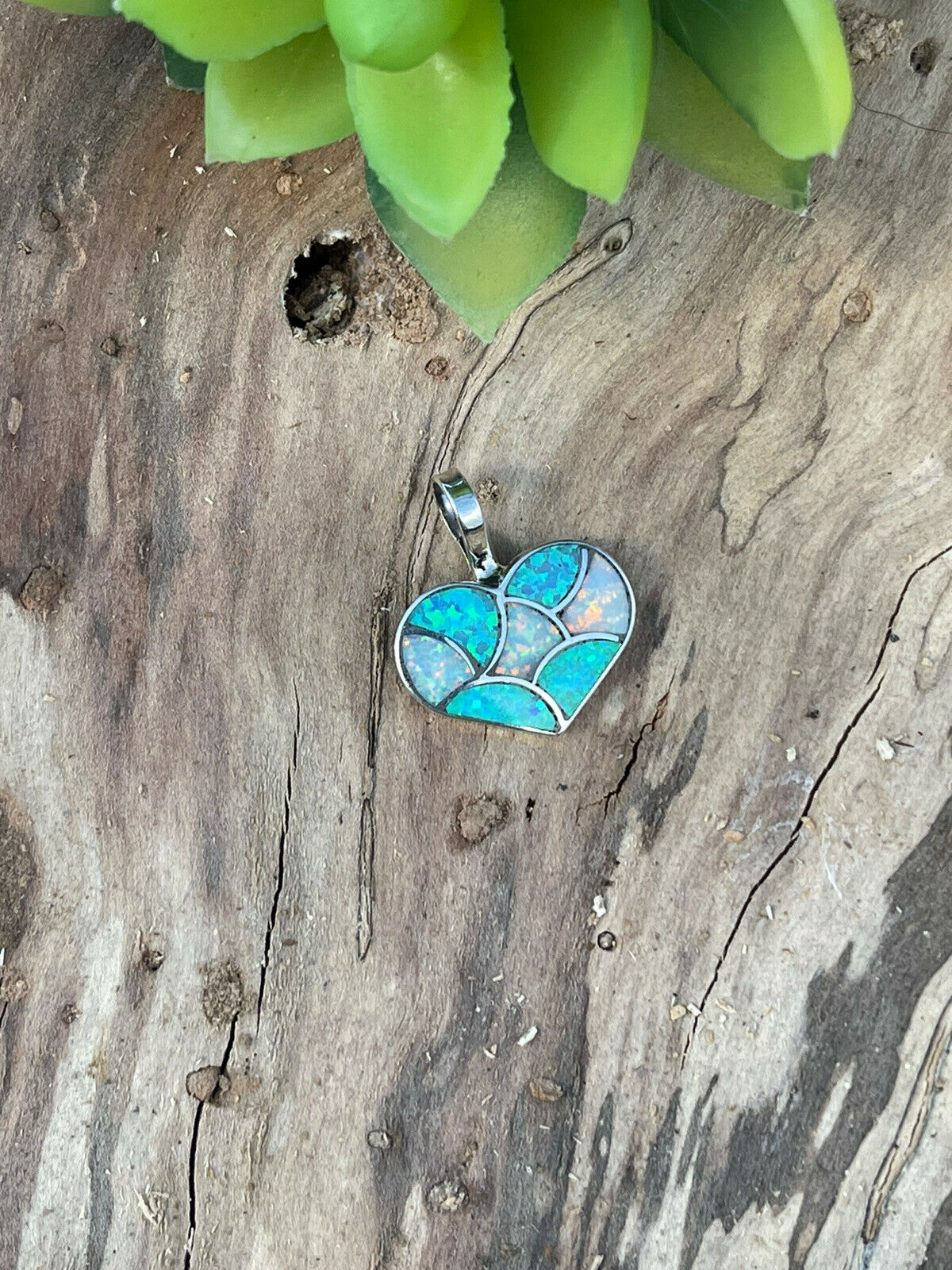 Zuni Iridescent Blue / White  Opal & Sterling Silver Heart Pendant