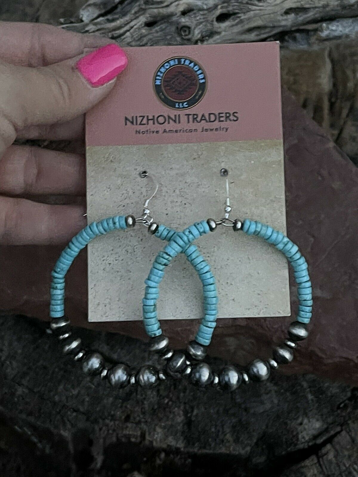 Navajo Sterling Silver Turquoise Stone French Hook Hoop Earrings