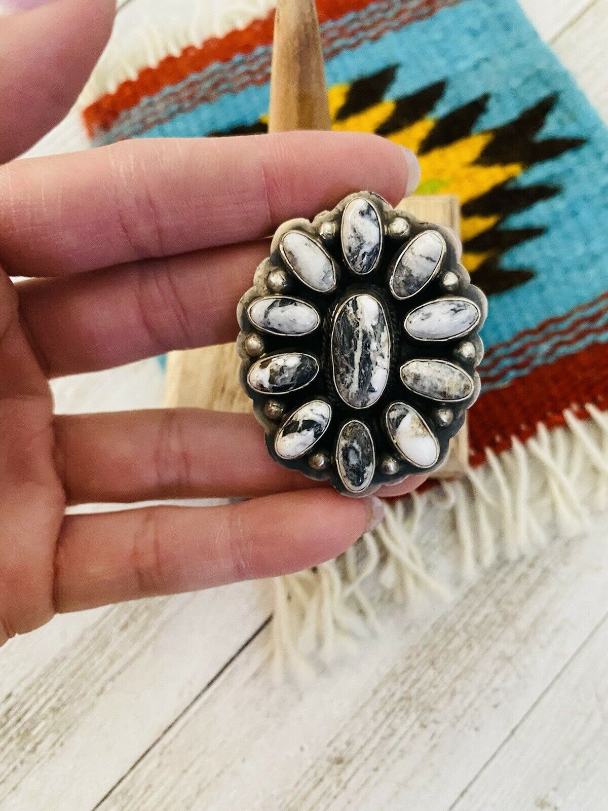 Navajo Sterling Silver And White Buffalo Cluster Ring Size 10