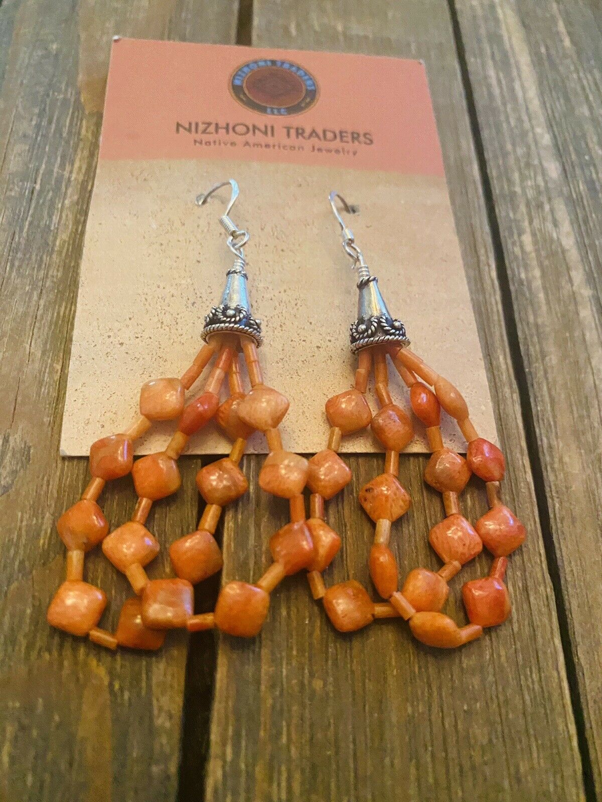 Navajo Sterling Silver Apple Coral Beaded Dangle Earrings