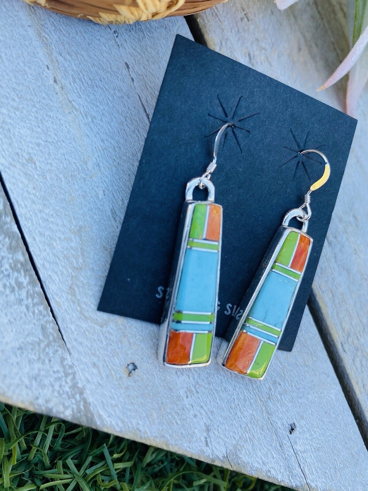 Navajo Multi Stone And Sterling Silver Inlay Dangle Earrings