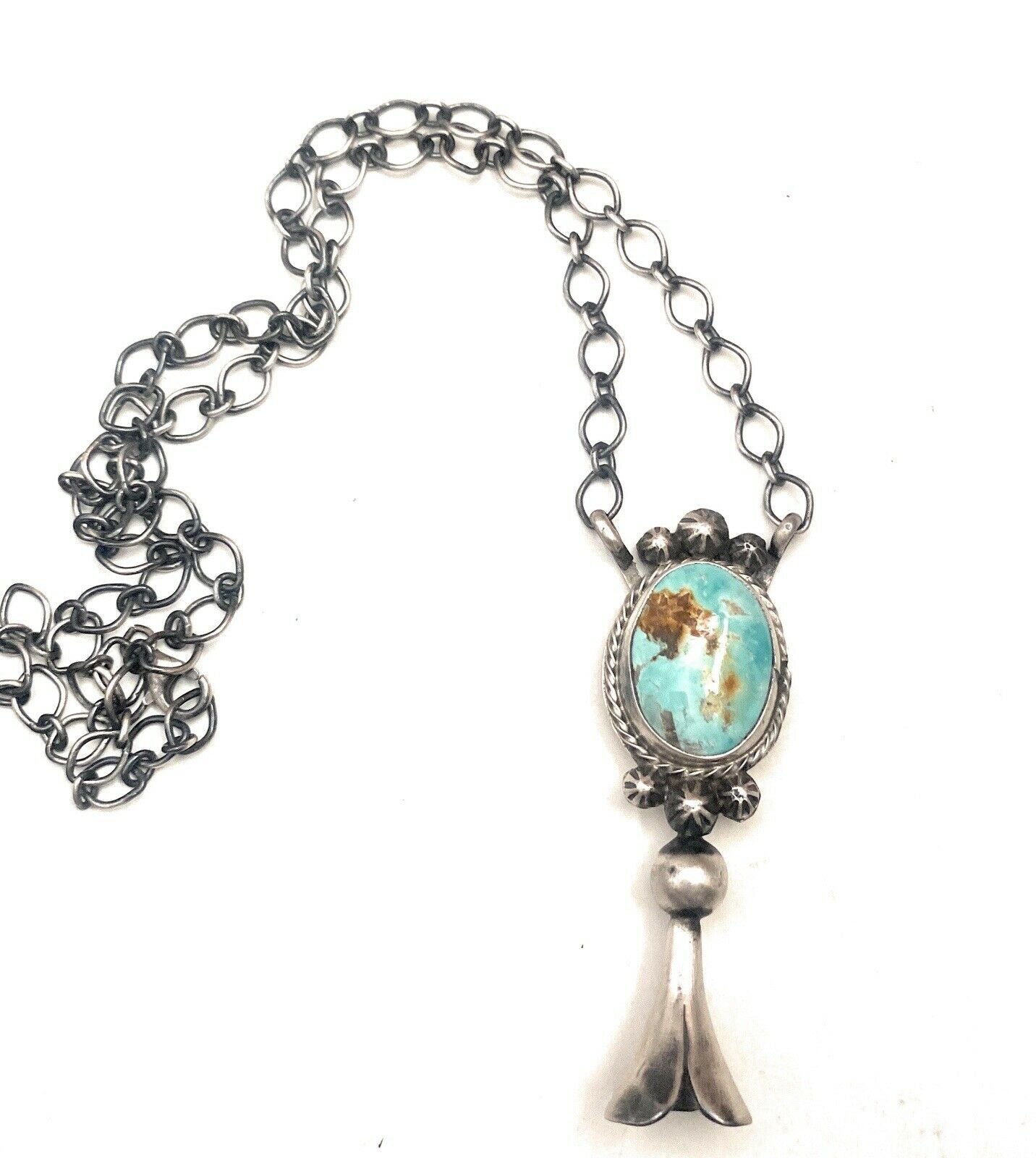 Navajo Sterling Silver & Royston Turquoise Blossom Necklace Signed