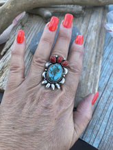 Load image into Gallery viewer, Navajo Sterling Kingman Web Turquoise &amp; Red Coral Taos Collection Ring Sz 6