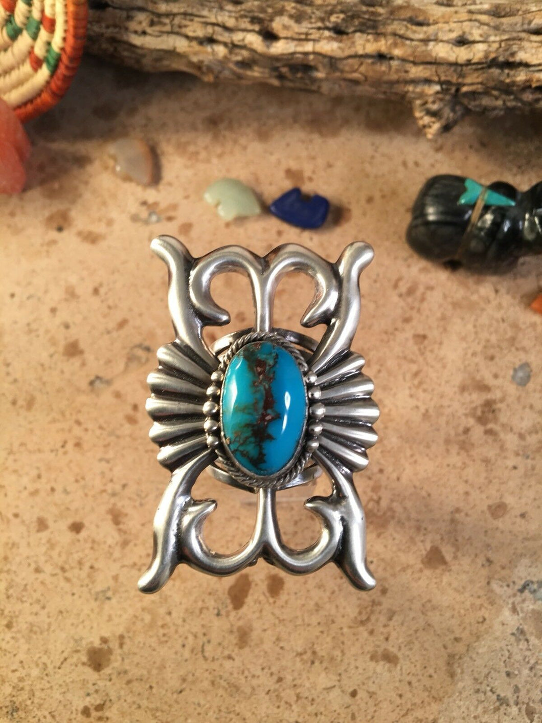 Russell Sam Navajo Sterling Silver & Royston Turquoise Hand Stamped Ring Size 9.