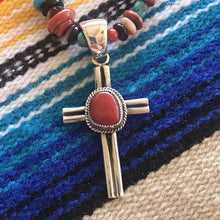 Load image into Gallery viewer, Navajo Sterling Silver Natural Red Coral Statement Cross Pendant Signed