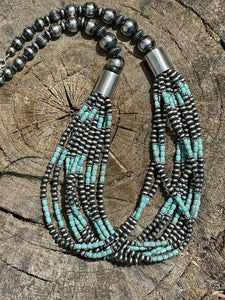 Navajo Sterling Silver & Number 8 Turquoise Beaded 10 Strand Necklace