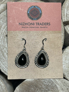 Beautiful Navajo Sterling Silver Black Onyx Teardrop Rope Dangle Earrings