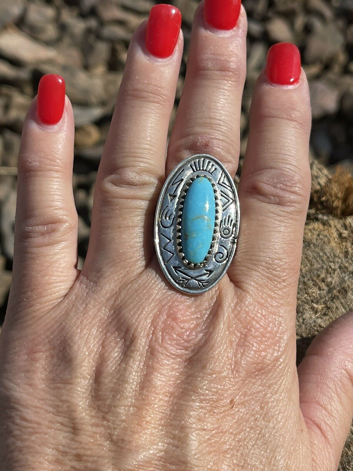 Navajo Sterling Silver Turquoise Southwest Stamped Oval Ring Sz 8.5