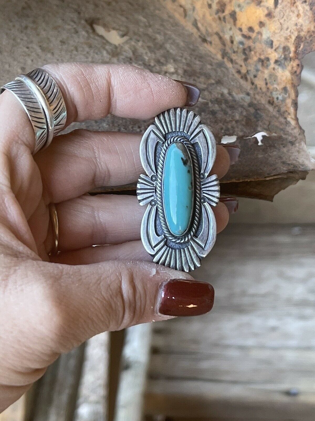 Navajo Handmade Turquoise & Sterling Silver Navajo Deco Ring Size 7.5