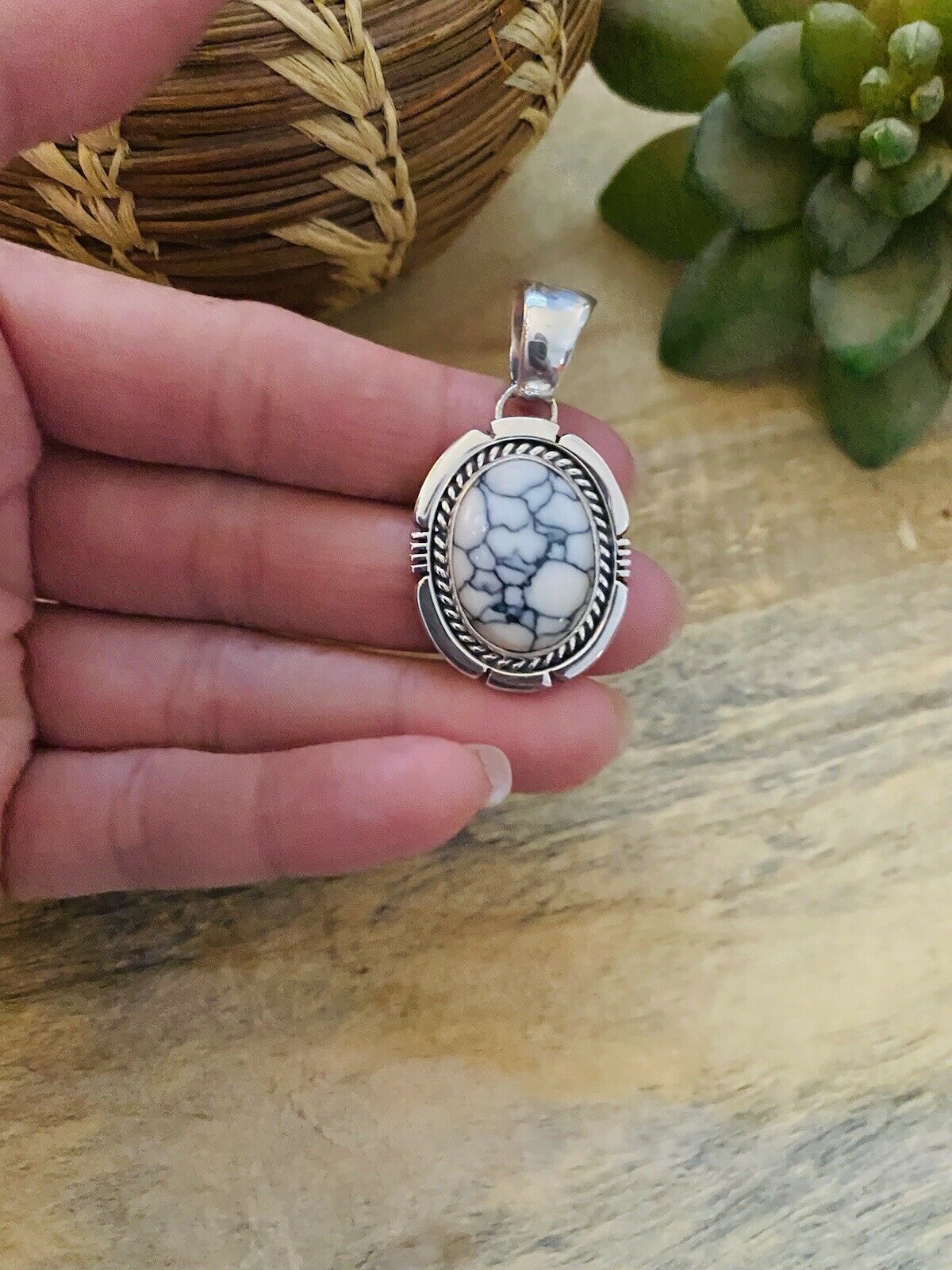 Navajo Sterling Silver & White Gibbsite Pendant