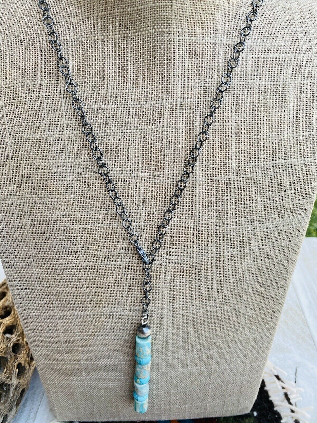 Navajo Turquoise And Sterling Silver Beaded Lariat Necklace