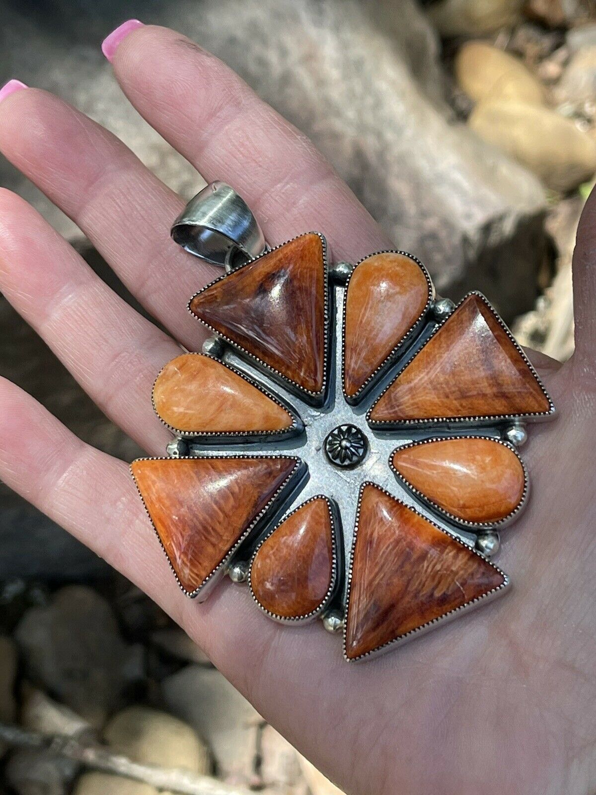 Navajo Sterling Silver Orange Spiny  Jumbo Cluster Pendant