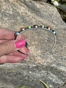 Navajo 7 Multi Stone & Sterling Silver Cuff Bracelet Signed