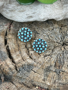 Zuni Sterling Silver & Turquoise Cluster Stud Earrings Signed LW