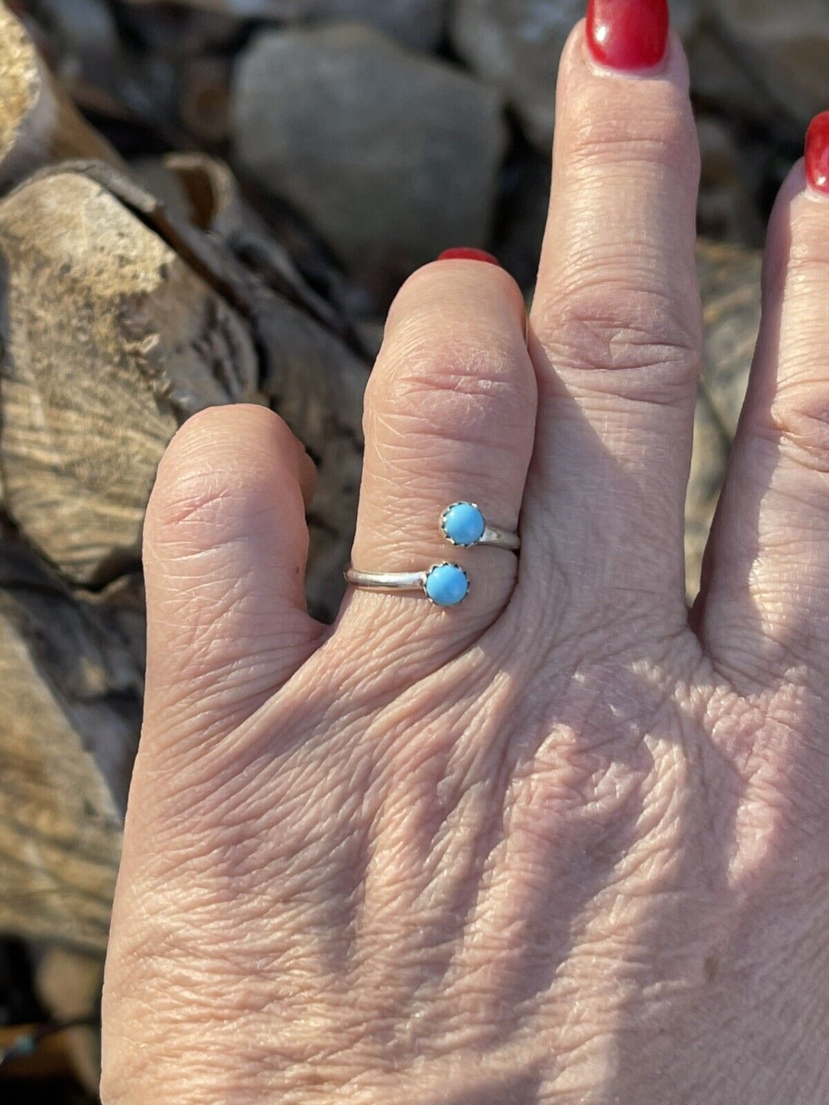 Navajo Turquoise Double Stone & Sterling Silver Adjustable Ring