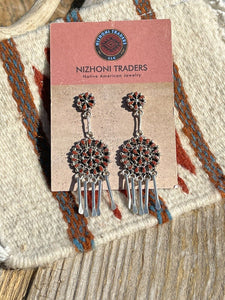 Zuni Sterling Silver Needlepoint Natural Red Coral Dangle Earrings