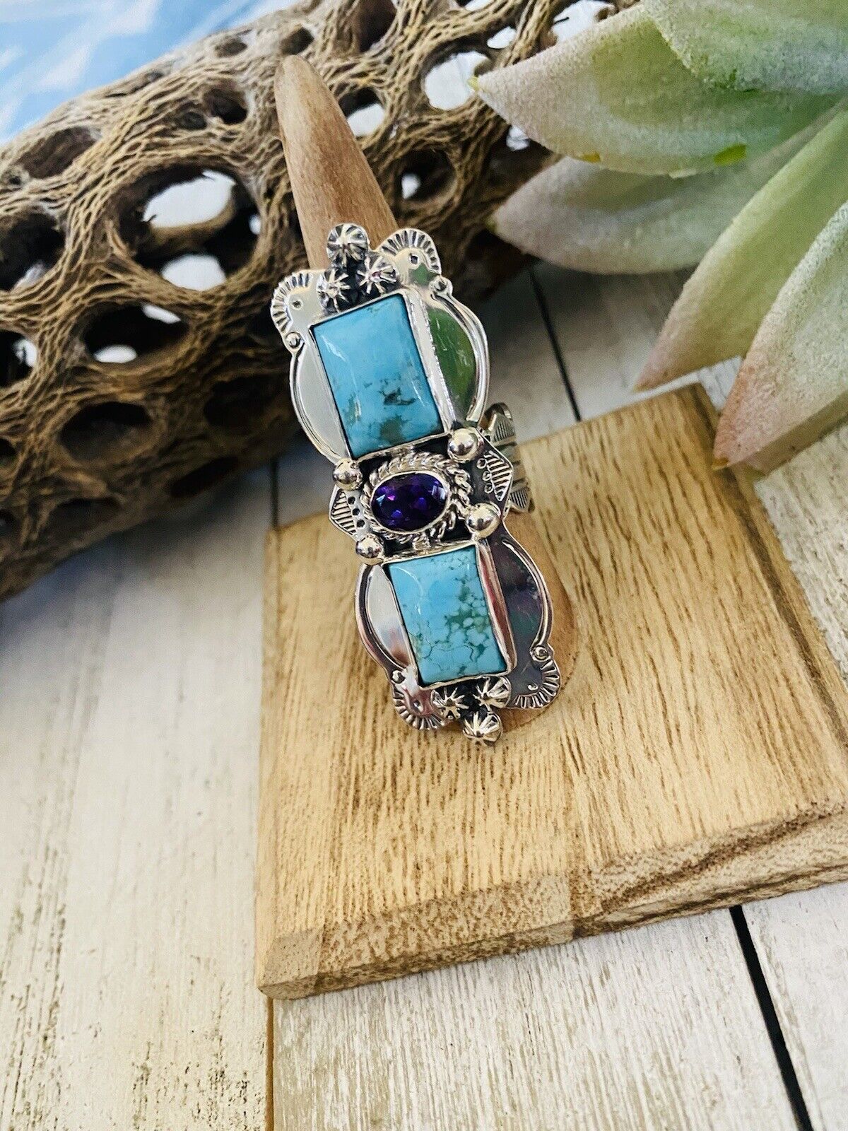 Navajo Kingman Turquoise, Amethyst & Sterling Silver Ring