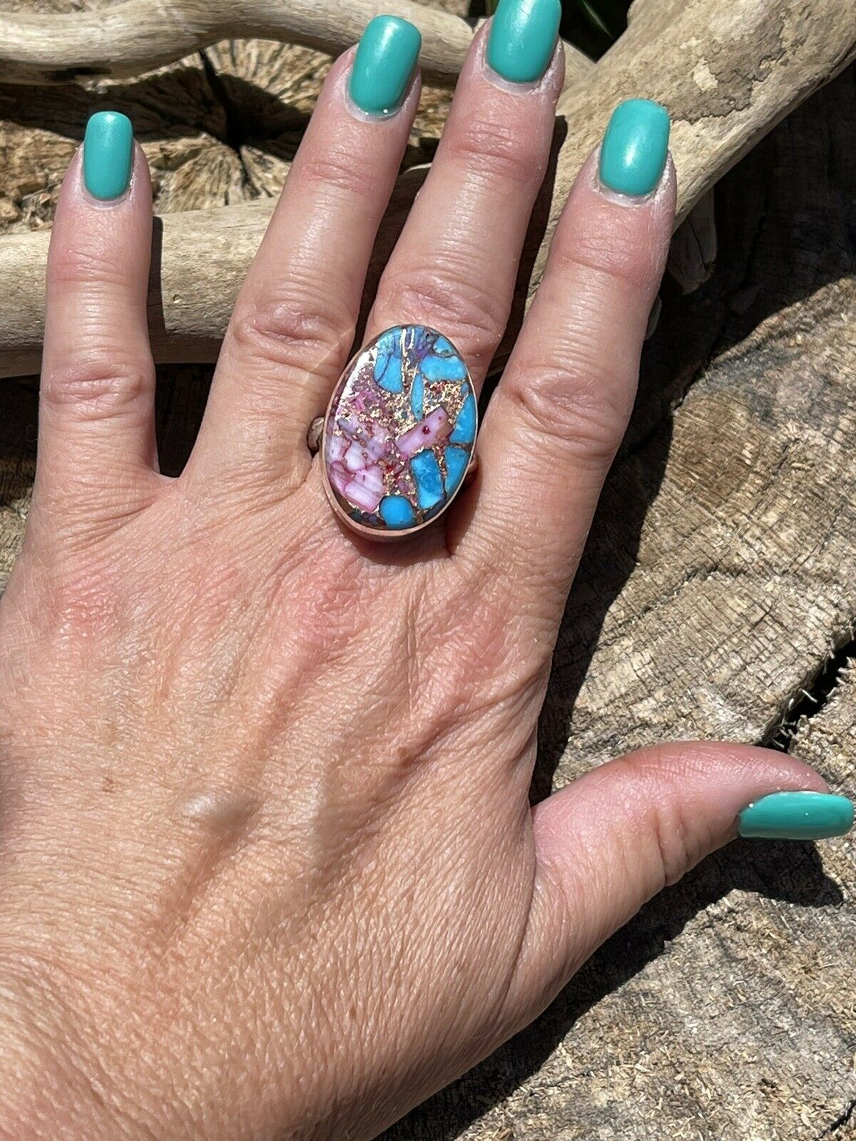 Navajo Pink Dream Mojave & Sterling Silver Rope Style Ring Size 6.5