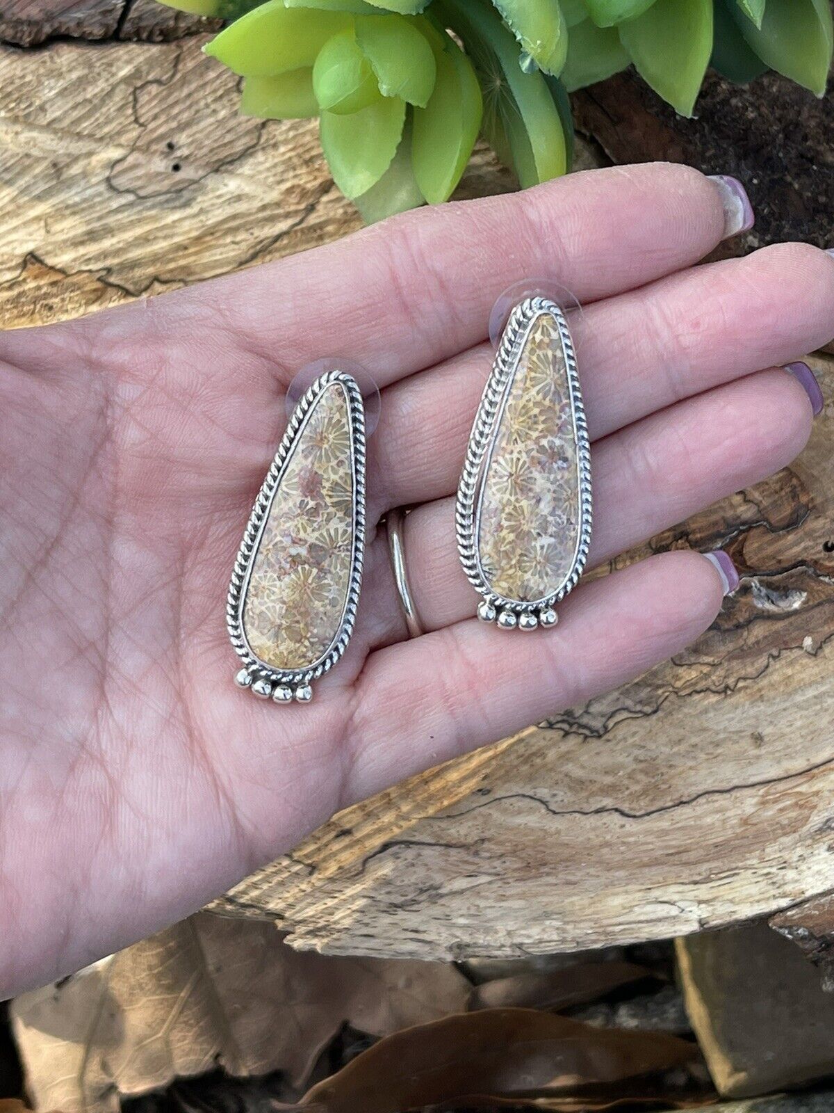 Navajo Fossilized Coral & Sterling Silver Post Earrings Signed