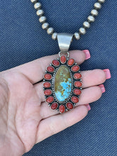 Load image into Gallery viewer, Navajo Sterling Silver Kingman Web Turquoise &amp; Red Coral Taos Cluster Pendant