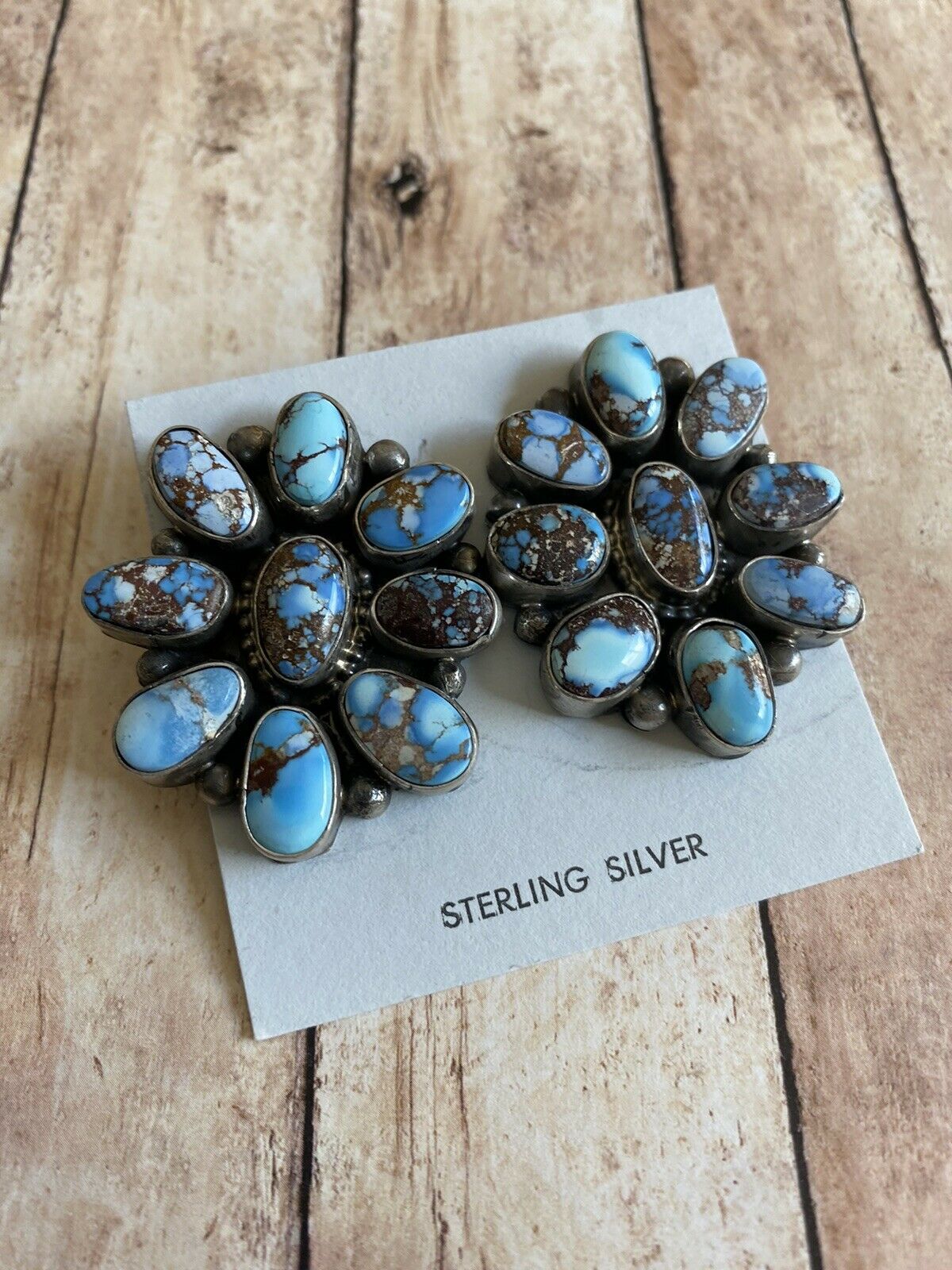 Navajo Sterling Silver & Golden Hills Turquoise  Cluster Post Earrings Signed