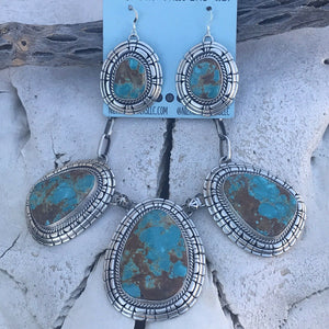 Navajo Pilot Mountain Turquoise Sterling Silver Necklace Set Signed And Stamped