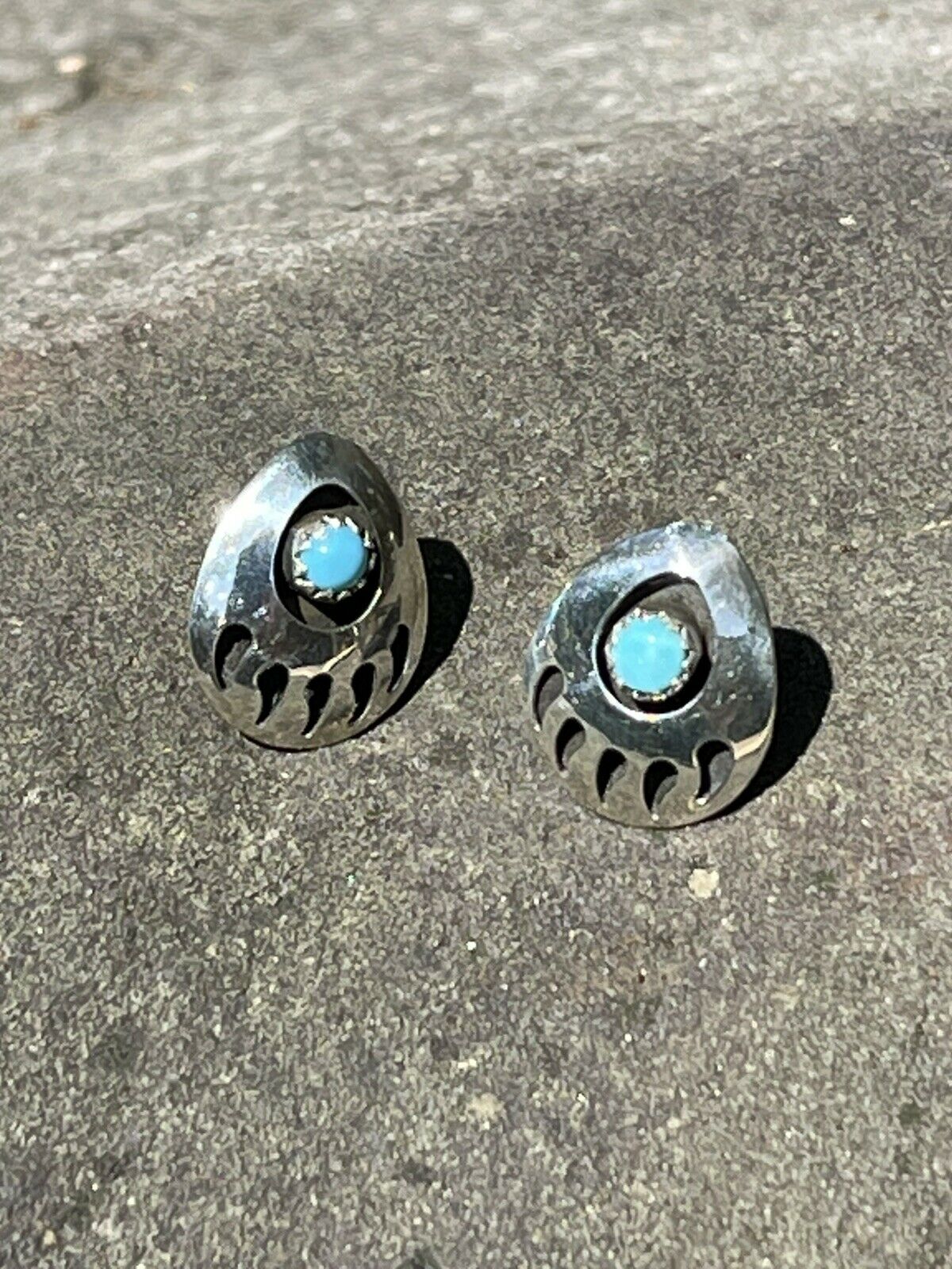 Navajo Sterling Silver And Turquoise Bear Paw Post Earrings